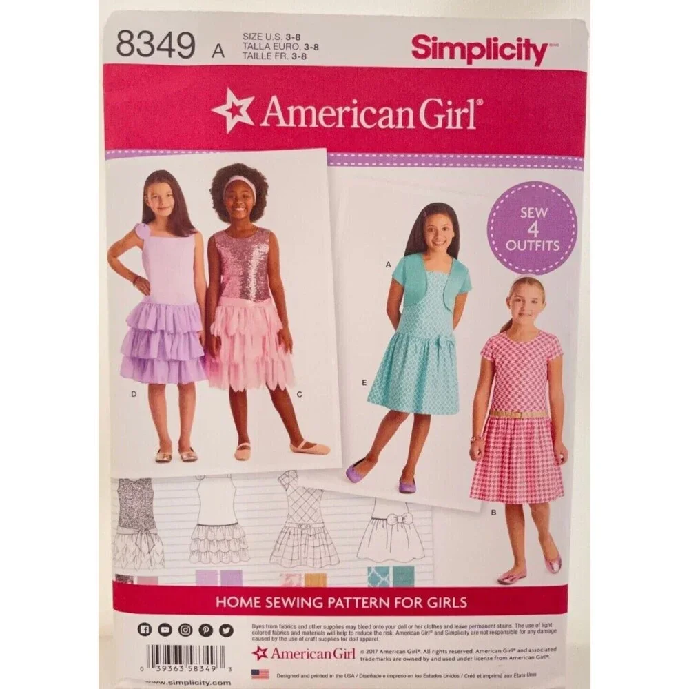 #8349 Simplicity American Girl Dresses and Knit Shrug Sewing Pattern Size 3-8
